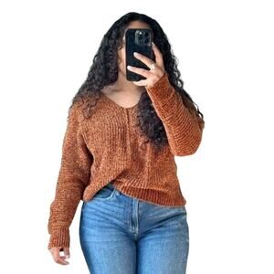 Crushed Velvet Tan Knit Women's Medium Long-Sleeve Sweater V-Neck